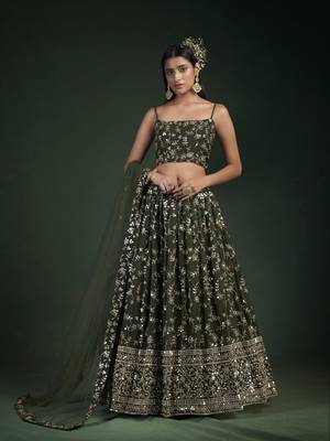 Green embroidered georgette semi stitched lehenga 1