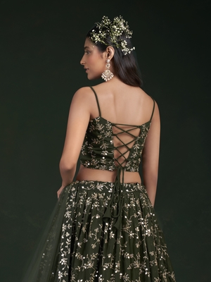 Green embroidered georgette semi stitched lehenga 3