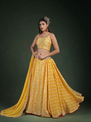 Yellow embroidered chiffon semi stitched lehenga 1