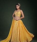 Yellow embroidered chiffon semi stitched lehenga