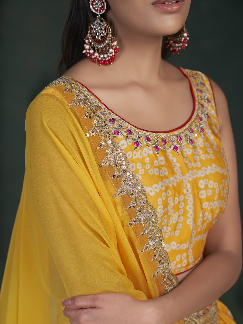 Yellow embroidered chiffon semi stitched lehenga