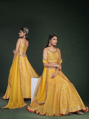 Yellow embroidered chiffon semi stitched lehenga 3