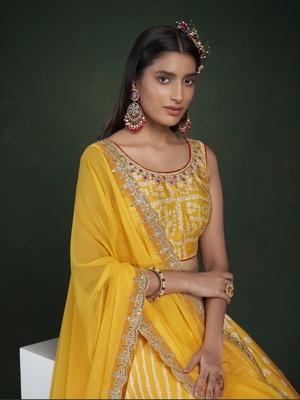 Yellow embroidered chiffon semi stitched lehenga 4