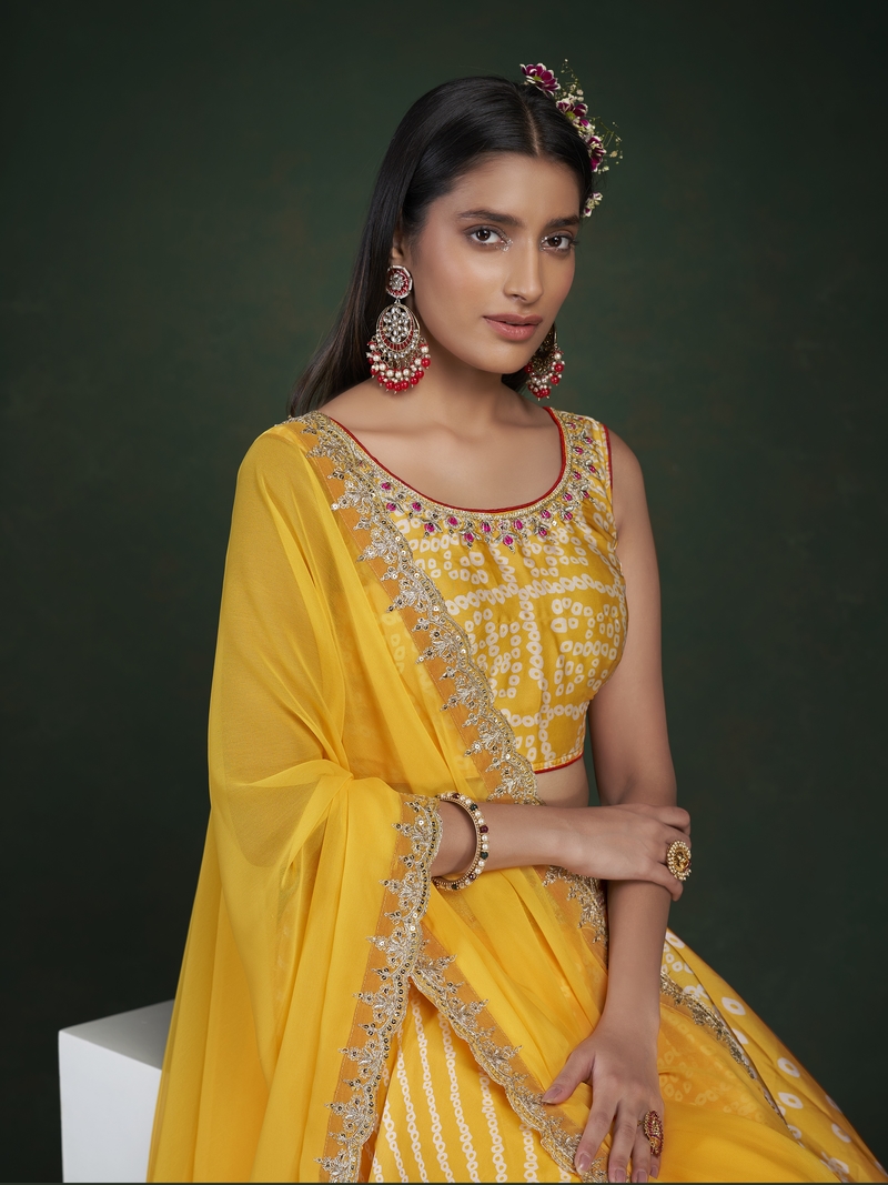 Yellow embroidered chiffon semi stitched lehenga