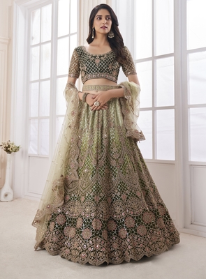 Olive embroidered net semi stitched lehenga 1