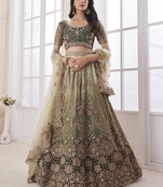 Olive embroidered net semi stitched lehenga