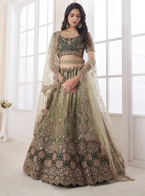 Olive embroidered net semi stitched lehenga 2