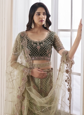 Olive embroidered net semi stitched lehenga 3