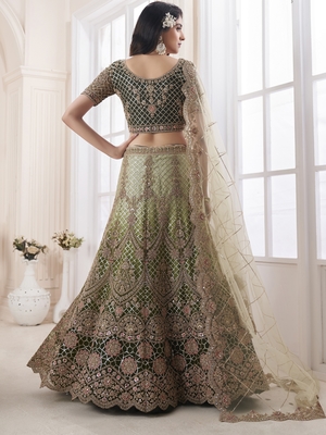Olive embroidered net semi stitched lehenga 4
