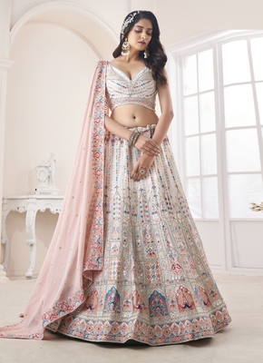 White embroidered georgette semi stitched lehenga 1