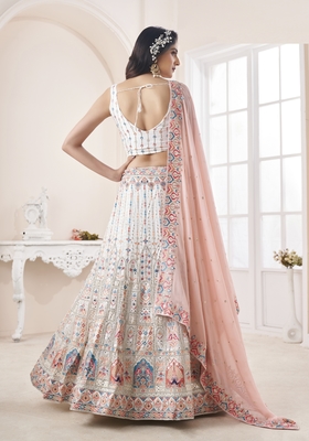White embroidered georgette semi stitched lehenga 2
