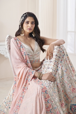White embroidered georgette semi stitched lehenga 3