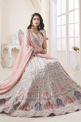 White embroidered georgette semi stitched lehenga 4