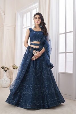 Teal embroidered net semi stitched lehenga 1