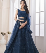 Teal embroidered net semi stitched lehenga