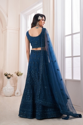 Teal embroidered net semi stitched lehenga 2