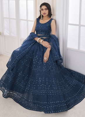 Teal embroidered net semi stitched lehenga 3