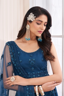 Teal embroidered net semi stitched lehenga 4