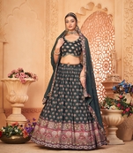 Wedding Designer Grey+Black Heavy Chinon Lehengha Choli