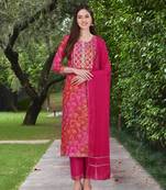Trendmalls Pink Cotton Bandhani Print Party Wear Kurta Pant with Dupatta Salwar Suit Set