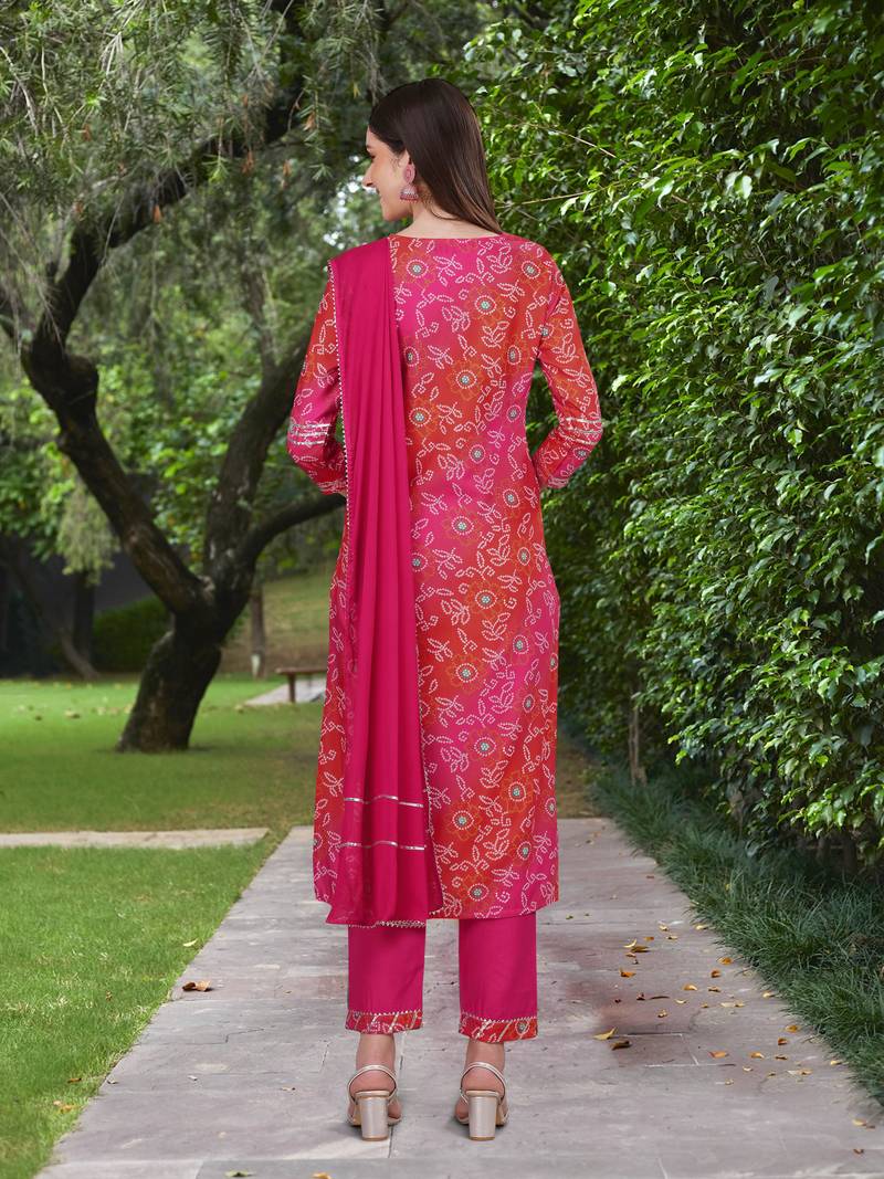 Trendmalls Pink Cotton Bandhani Print Party Wear Kurta Pant with Dupatta Salwar Suit Set