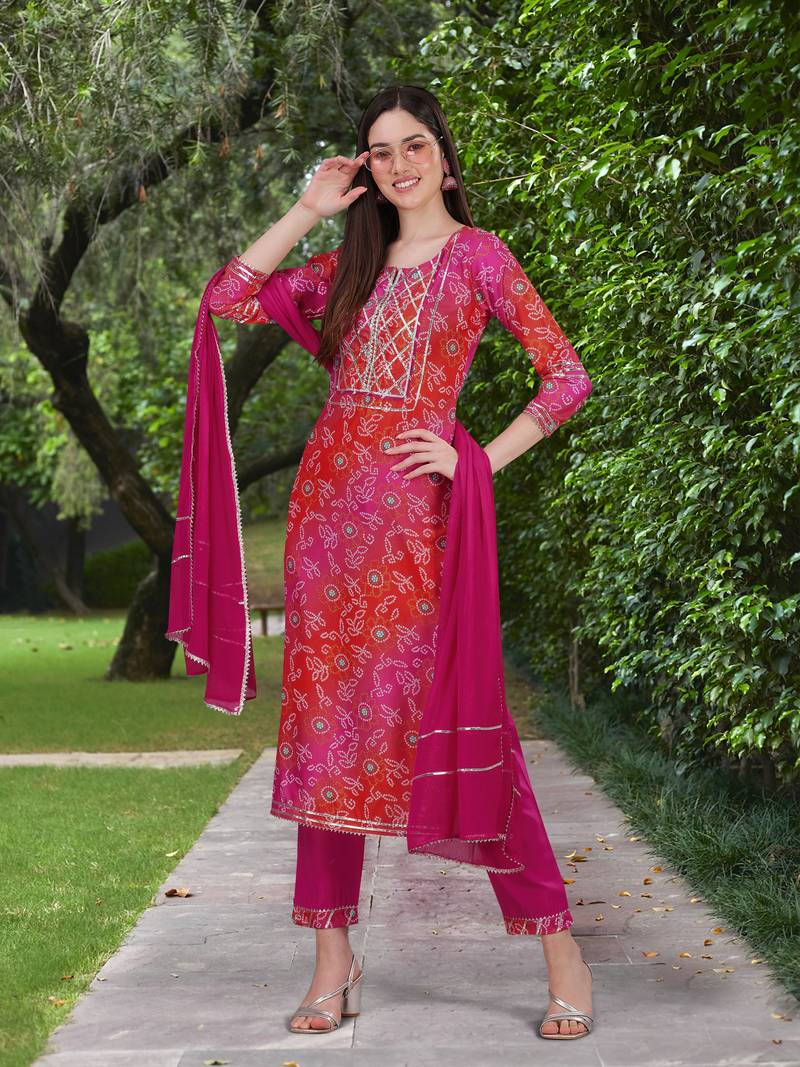 Trendmalls Pink Cotton Bandhani Print Party Wear Kurta Pant with Dupatta Salwar Suit Set