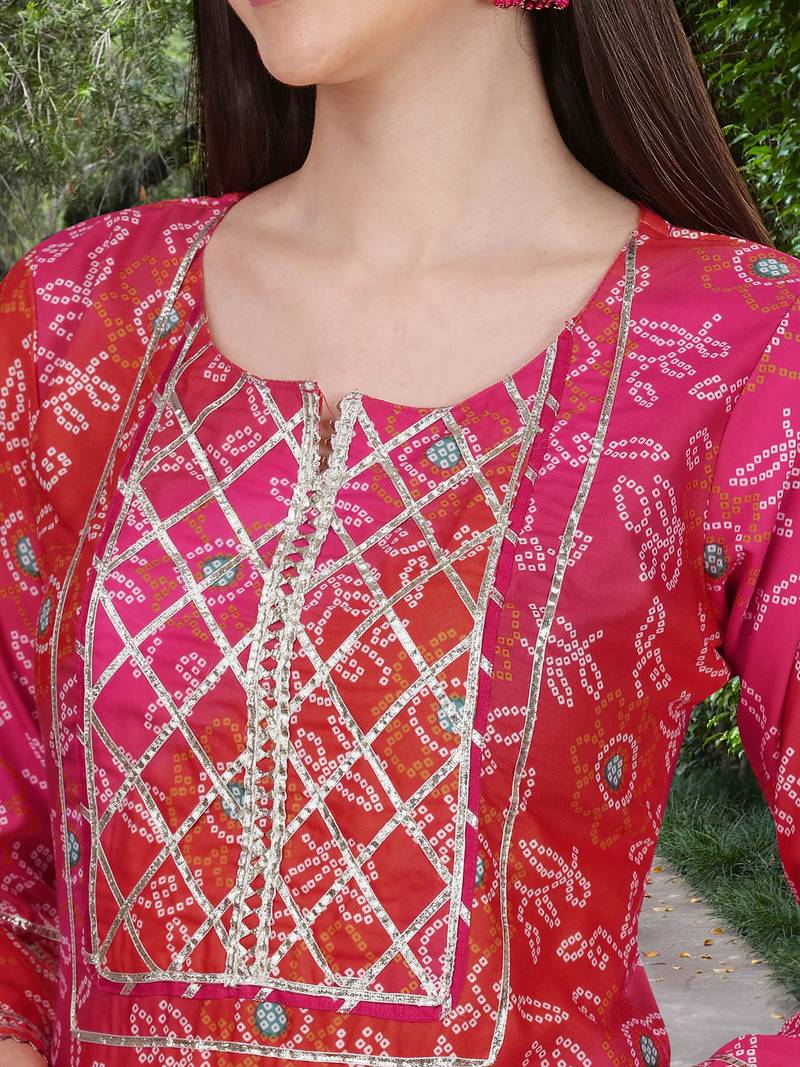Trendmalls Pink Cotton Bandhani Print Party Wear Kurta Pant with Dupatta Salwar Suit Set
