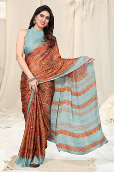 Rust printed chiffon saree with blouse