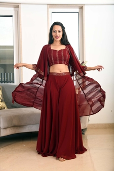 MAROON SEQUIN JACKET PLAZZO & BACK TIE BLOUSE SET
