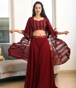 MAROON SEQUIN JACKET PLAZZO & BACK TIE BLOUSE SET