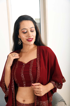 MAROON SEQUIN JACKET PLAZZO & BACK TIE BLOUSE SET