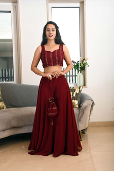 MAROON SEQUIN JACKET PLAZZO & BACK TIE BLOUSE SET