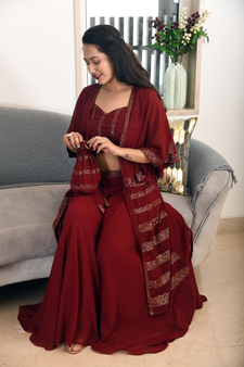 MAROON SEQUIN JACKET PLAZZO & BACK TIE BLOUSE SET