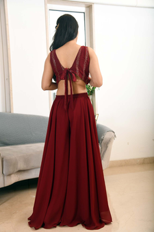MAROON SEQUIN JACKET PLAZZO & BACK TIE BLOUSE SET