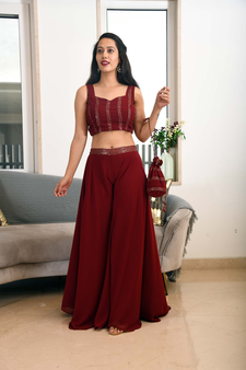 MAROON SEQUIN JACKET PLAZZO & BACK TIE BLOUSE SET