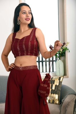 MAROON SEQUIN JACKET PLAZZO & BACK TIE BLOUSE SET 7