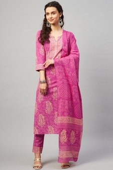 ABHATI BLOCK PRINTED KURTA-PANTS & DUPATTA SET