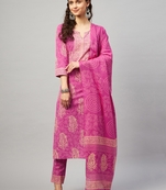 ABHATI BLOCK PRINTED KURTA-PANTS & DUPATTA SET