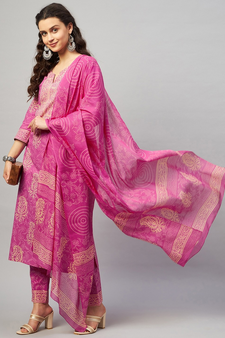 ABHATI BLOCK PRINTED KURTA-PANTS & DUPATTA SET