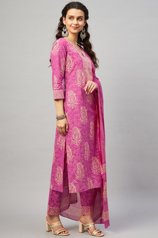 ABHATI BLOCK PRINTED KURTA-PANTS & DUPATTA SET