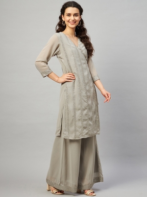 SAGE GREY SEQUIN ANGRAKHA KURTA SET 4