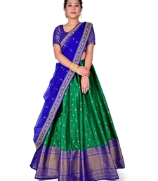 Green Color All Over Little Floral Printed Half Banarasi Saree With Contrast Color  Blouse