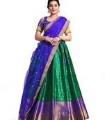 Latest trendy Green And R blue colour Half Saree with unstitched Blouse and Dupatta.