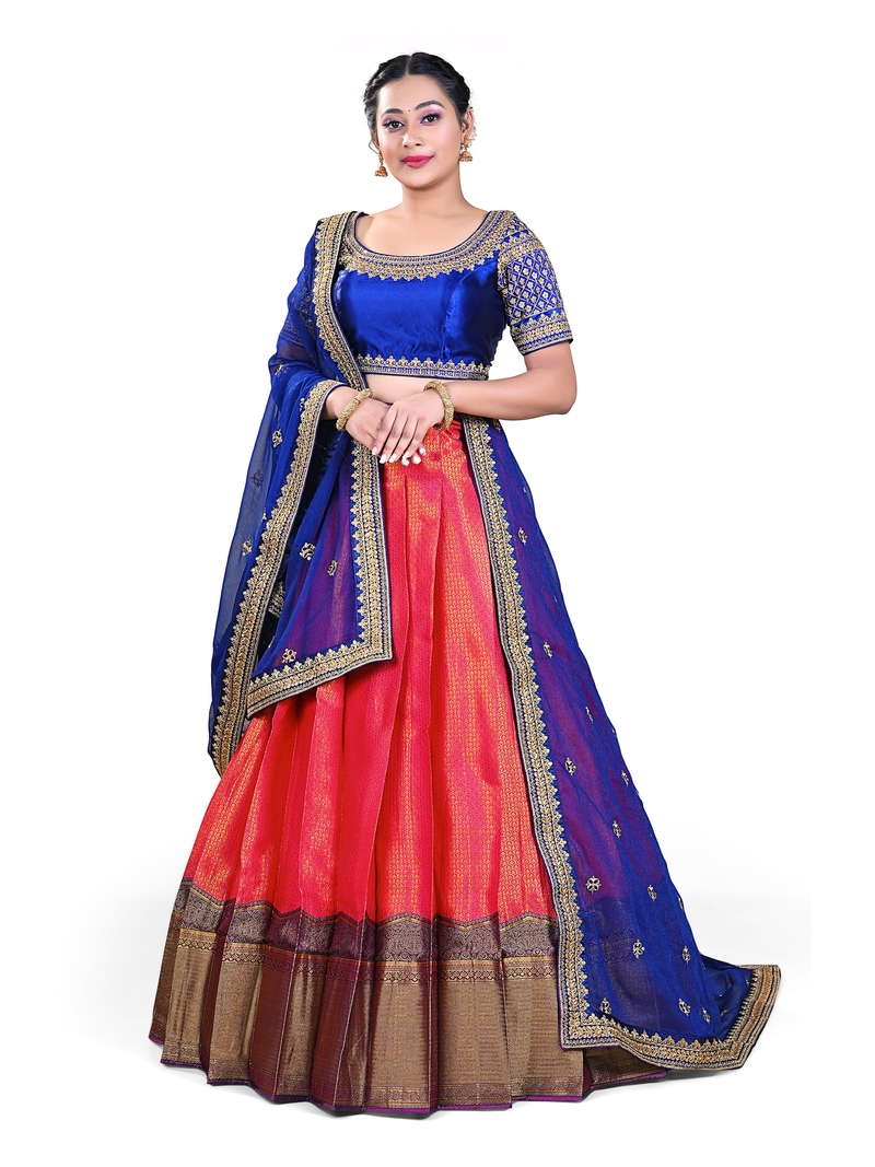 Babyhug Half Sleeves Blouse And Zari Bordered Nauvari Saree - Red