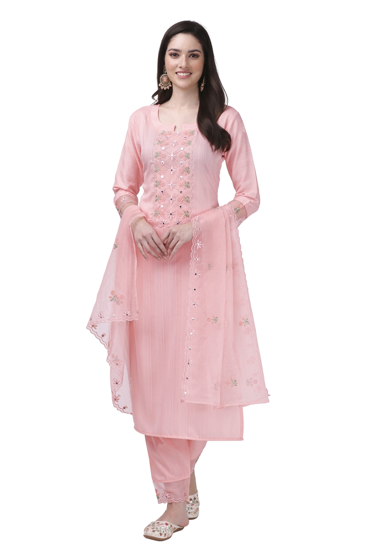 TRENDMALLS Women's Cotton Embroidery Kurta Pant Suit with Organza ...