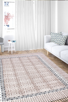 Boho Bathroom Hand Block Printed Rug Flat Woven Kitchen Cotton Area Rug 1