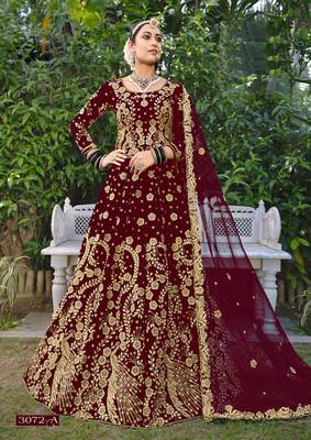 Premium Luxurious Designer Wedding Wear Maroon Velvet Lehenga Choli Semi Stitched Latest Design 1