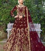 Premium Luxurious Designer Wedding Wear Maroon Velvet Lehenga Choli Semi Stitched Latest Design