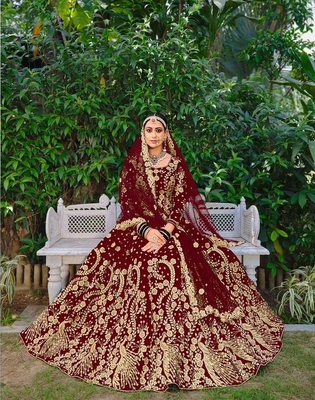 Premium Luxurious Designer Wedding Wear Maroon Velvet Lehenga Choli Semi Stitched Latest Design 2