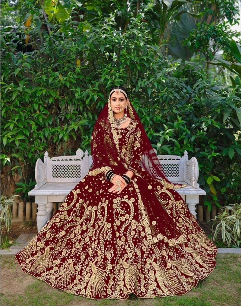 Premium Luxurious Designer Wedding Wear Maroon Velvet Lehenga Choli Semi Stitched Latest Design